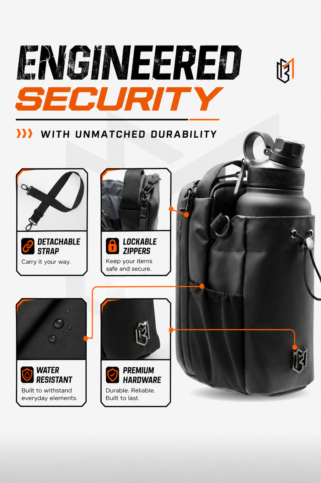 Premium - Magnetic Gym Bottle Holder Bag with Storage Pockets and Zippered Compartments